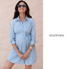 A must for your weekend wardrobe, Seraphine's Light Chambray Belted Maternity Tunic offers an easy over-size fit through every stage of pregnancy. Maternity Denim Dress, Maternity Hoodie, Maternity Shirt Dress, Maternity Jacket, Maternity Tunic, Maternity Nursing Dress, Stylish Maternity Outfits, Maternity Coat, Pregnancy Stages