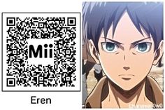 an anime character with blue eyes next to a qr code that says,'eren '