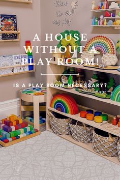 there is a play room with lots of toys on the shelves and in front of it