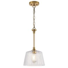 an antique brass finish pendant light with clear glass shades and a chain hanging from the ceiling