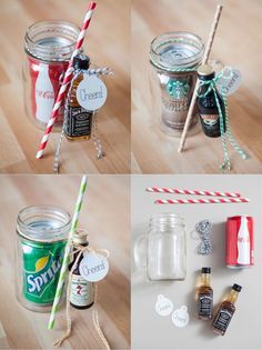 four different shots of mason jars with candy canes