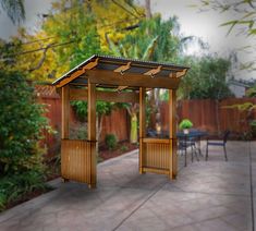 a wooden gazebo sitting on top of a patio