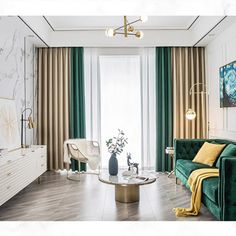 a living room with green velvet couches and gold accents on the walls, along with marble flooring