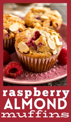 raspberry almond muffins on a pink plate with the words raspberry almond muffins