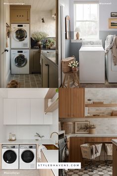 several pictures of different appliances in a kitchen and living room, including washer dryer