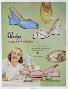 1951 Penaljo Candy Twists Ad - 1950s Peep Toe Sandals Ad - Vintge Footwear Ad 1950s Womens Shoes, Closet Wall Art, Retro Closet, 1950s Shoes, 1950s Woman, Closet Wall, Shoes Ads, Vintage Shoe, Closet Decor