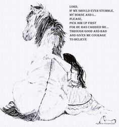 a drawing of a woman sitting on the ground with a horse in her lap and text above it