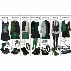 a bunch of different types of clothes and shoes on a white board with the words monday, wednesday, friday