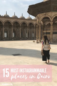 a woman standing in front of an ornate building with text overlay that reads 15 most instagrammable places in spain