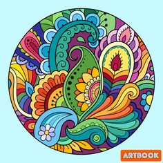 an artistic coloring book with colorful flowers and paisleys in the center, on a blue background