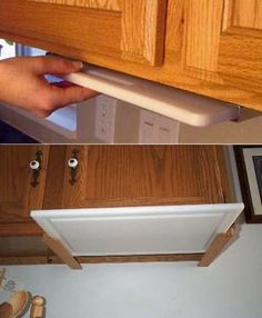 two pictures side by side one shows a kitchen sink and the other shows an open cabinet door