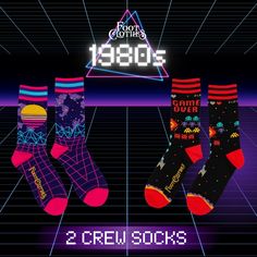 Two rad 80s crew socks for one low price. All right, Hamilton! Game Socks, Vaporwave 80s, All Mythical Creatures, Winchester Mystery House, Inverted Cross, Retro Horror, Retro Shop, Sock Packs, Crew Sock