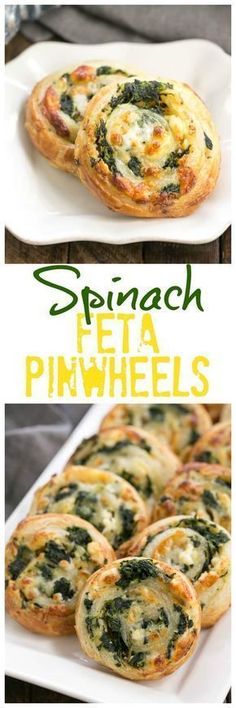 spinach and feta pinwheels on a white plate with text overlay