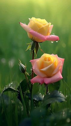 two yellow and pink roses with water droplets on them in the grass near some green leaves