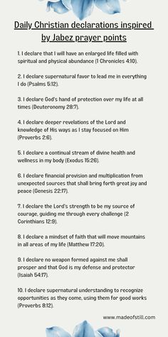 A pin for pinterest that has daily Christian declarations Jabez Prayer, Christian Declarations, Prayer Points, Christian Affirmations, Christian Bible Study, Bible Motivation, Prayer Verses