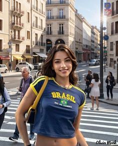 Olivia Mark - Chic Spaghetti Strap Crop Top with Letter Print Design 2023 Summer Fits, Brasil Shirt Aesthetic, Brazil Shirt Aesthetic, Brazil Girl Outfits, Brasil Shirt Outfit, Brazil Aesthetic Outfits, Brazil Clothes, Brazilian Shirt, Brazilian Outfits