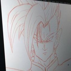 a computer screen with a drawing of gohan in red ink on it's left side