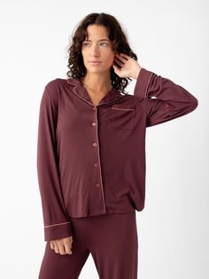 Our women's long sleeve bamboo pajamas feature enhanced breathability and temperature regulation Ideal for hot temperatures Flattering stretch-knit from bamboo-based fabric designed for every-BODY Women's Long Sleeve Shirt Bamboo Viscose Pajama Top in Stretch-Knit in Burgundy (Size: Large) - Cozy Earth Bamboo Pajamas, Womens Long Sleeve Shirts, Pajama Top, Women Long Sleeve, Fabric Design, Pajamas, Long Sleeve Shirts, Long Sleeve, Knitting