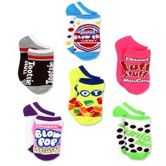 These girl's Yankee Toy Box exclusive Charms Candy sock sets are a great value. These no show style sock sets feature a variety of colors. They contain ribbed-knit cuffs and reinforced heels and toes. There are 6 pairs in each set. Pick a different color or character for each day! These socks are comfortable, fun, and affordable. SIZING - These awesome candy socks come in sock size Small and Medium. Sock size Small (4-6) fits shoe size 7 M US Toddler -10 M US Toddler. Sock size Medium (6-8) fits Fun Socks For Kids, Blow Pop, Teen Socks, Junior Mints, Charms Candy, Blow Pops, Halloween Socks, Tootsie Roll, Boots Outfits