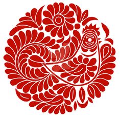 a red bird with flowers on it's head in the shape of a circle