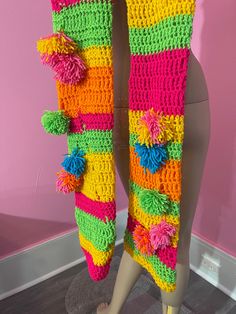 "Oversize Crochet Stripe Thigh Highs, these are so cute & fun looking on! They are made to be worn way up high and with a pair of garters/garter belt. This design is from my 2023 mardi gras collection. In the video of my wearing them, this pair is made for someone taller, i am only 5'1\". They are made from acrylic yarn. Thank you for looking and supporting handmade!  Measurements: ~length 33\" & 36\" ~around top thigh 18\" to 22\" ~around ankle/foot 13\" to 14\" ~around middle knee area 12\" to 18\" Hand Wash cold water& Dry Flat  & be sure to measure yourself! *if you like my creations and want to keep up with things being made, please follow my ig @crudethings Please check out my other etsy shops for unique jewelry/headpieces & photos/artwork/dolls http://www.etsy.com/shop/BlackLodgeJew Headpiece Jewelry, Womens Tights, Striped Leggings, Socks And Hosiery, Thigh High, Bright Color, Leg Warmers, Thigh Highs, Acrylic Yarn