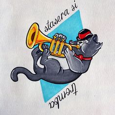 a drawing of a cat playing a trumpet with the caption, stereo is power