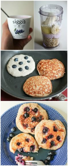 pancakes, blueberries, and yogurt are shown in four different pictures with the same toppings