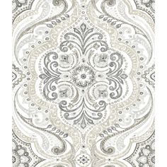 a white and grey rug with an ornate design