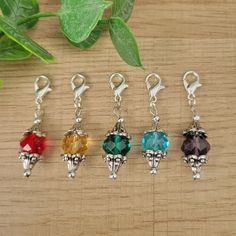 six different colored charms sitting on top of a wooden table next to a green plant