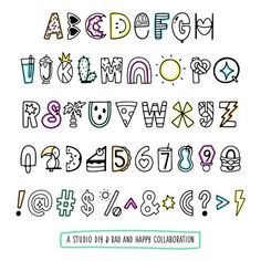 the alphabet is drawn in different colors and shapes