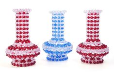 three vases made out of beads on a white background, one is red, one is blue