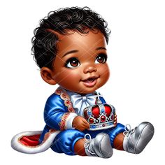 a digital painting of a baby wearing a tiara and sitting on the ground with his hands in his pockets