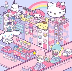 hello kitty and her friends are playing in the city with their cars, buses, and rainbows