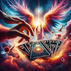 an angel holding four playing cards in front of the sun and clouds with two hands reaching for it