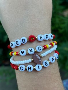 Perfect Bracelets for Any Chiefs Fan! Made from quality Czech glass beads and plastic letter beads. Some bracelets have galvanized gold beads between the letters.  We offer sizes 6"-8". There's a sizing chart located in our photos to help you decide which size to order. If you are needi  by a more personalized size, please message us before ordering so we can better assist you! We do provide the option to personalize these bracelets! You can choose to replace any of the options with lettering be Kansas City Chiefs Jewelry, Football Bracelet, Plastic Letters, Kc Chiefs, Spring Hill, Letter Beads, Diy Crafts Jewelry, Kansas City Chiefs, Czech Glass Beads