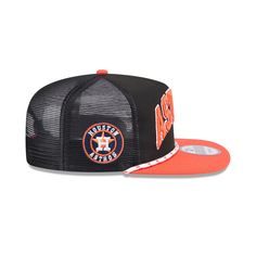 the houston astros black and orange trucker hat with an orange brimmed visor