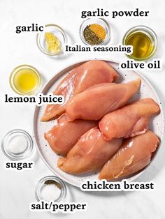 raw chicken legs on a plate with ingredients labeled