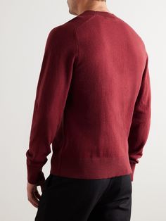 DESIGNED BY MR PORTER. Every wardrobe needs a classic sweater and Mr P.'s fits the bill perfectly. Spun from soft wool, it comes in a burgundy hue that'll add a pop of colour to whatever you pair it with. It’s fitted with a ribbed crewneck, cuffs and hem for added structure. Classic Wool Polo Sweater With Crew Neck, Classic Wool Crew Neck Polo Sweater, Classic Red Fine Knit Sweater, Classic Red Sweater With Ribbed Collar, Classic Burgundy Fall Top, Fitted Burgundy Crew Neck Sweater, Classic Fitted Winter Sweatshirt, Classic Burgundy Winter Sweater, Mr P