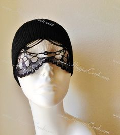 Lace Beanie Black Lace Beanie Black Beanie with by HigginsCreek Handmade Black Masks For Costume Party, Adjustable Halloween Eye Mask, Elegant Adjustable Eye Mask, Fitted Black Eye Mask For Masquerade, Handmade Black Masquerade Mask For Halloween, Adjustable Eye Mask For Festivals, Adjustable Eye Mask For Festival, Fitted Black Party Masks, Handmade Adjustable Masks For Masquerade