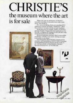 an advertisement for the museum where the art is for sale, with two people looking at paintings