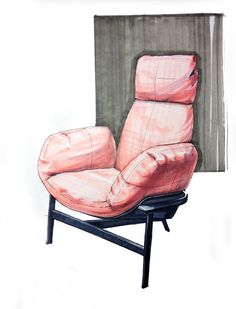 a drawing of a pink chair in front of a curtain