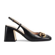 Brand New 100% Authentic Gucci Luxury Slingback Pumps For Work, Gucci Leather Slingback Pumps For Work, Black Leather Gucci Slingback Pumps, Gucci Black Slingback Pumps With Branded Heel, Gucci Black Slingback Pumps With Heel Strap, Black Gucci Slingback Pumps With Heel Strap, Gucci Black Slingback Pumps For Party, Black Gucci Slingback Pumps For Party, Luxury Black Slingback Pumps With Square Toe