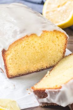 a loaf of lemon pound cake sitting on top of a cutting board