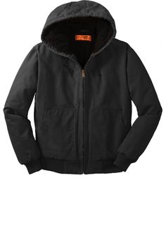 12 oz., 100% cotton enzyme washed duck cloth; 100% polyester tricot body and hood lining with 8-ounce polyfill; 100% quilted polyester sleeve lining with 6-ounce polyfill; Enzyme-washed hooded jacket has a supple worn-in look; Hood with antique brass eyelets and dyed-to-match drawcord; Brushed, quilted lining and insulation throughout; Port Pocket for easy embroidery access; Rib knit cuffs and waistband; Interior zippered pocket; Front pouch pockets Work Coat, Easy Embroidery, Safety Clothing, Duck Cloth, Work Jacket, Cool Jackets, Work Jackets, Knit Shirt, Sports Shirts