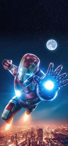 an iron man flying through the air with his hands out in front of city lights