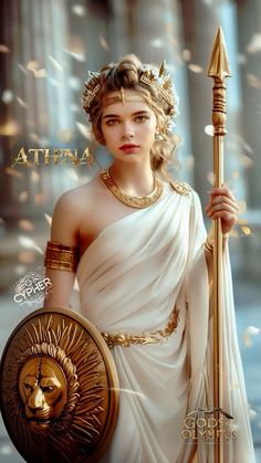 a woman dressed in white holding a golden shield and spear with the word athena on it