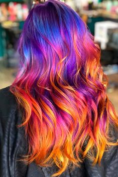 Purple And Blonde Ombre Hair, Ombre Hair Ideas For Brunettes, Sunset Colored Hair, Fun Hair Color Ideas For Brunettes Ombre, Long Colorful Hair, Sunset Peekaboo Hair, Wild Hair Color Ideas