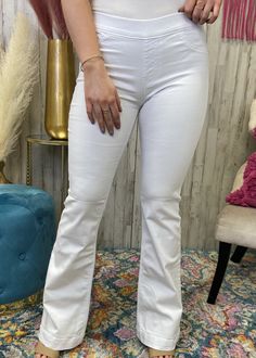 Basic Needs White Flare Pants-Shop-Womens-Boutique-Clothing Chic White Flare Pants, White Stretch Flare Jeans, Trendy White High-rise Flare Jeans, White Stretch Jeans For Spring, Trendy White Mid-rise Flare Jeans, White Cotton Flare Jeans For Fall, Spring White Stretch Jeans, Chic White Bottoms With Pull-on Style, White Stretch Mid-rise Jeans