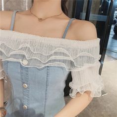 Ruffles Sexy Off Shoulder Denim Dress – Tomscloth Trendy Denim Dress For Spring Parties, Elegant Denim Dress For Summer Parties, Chic Fitted Denim Top With Ruffles, Fitted Denim Dress With Ruffles, Chic Mini Length Denim Top For Summer, Fitted Casual Denim Top For Party, Spring Denim Top For Night Out, Casual Summer Denim Top For Party, Casual Summer Party Denim Top