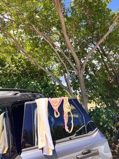 a car parked in front of a tree with towels hanging from it's roof